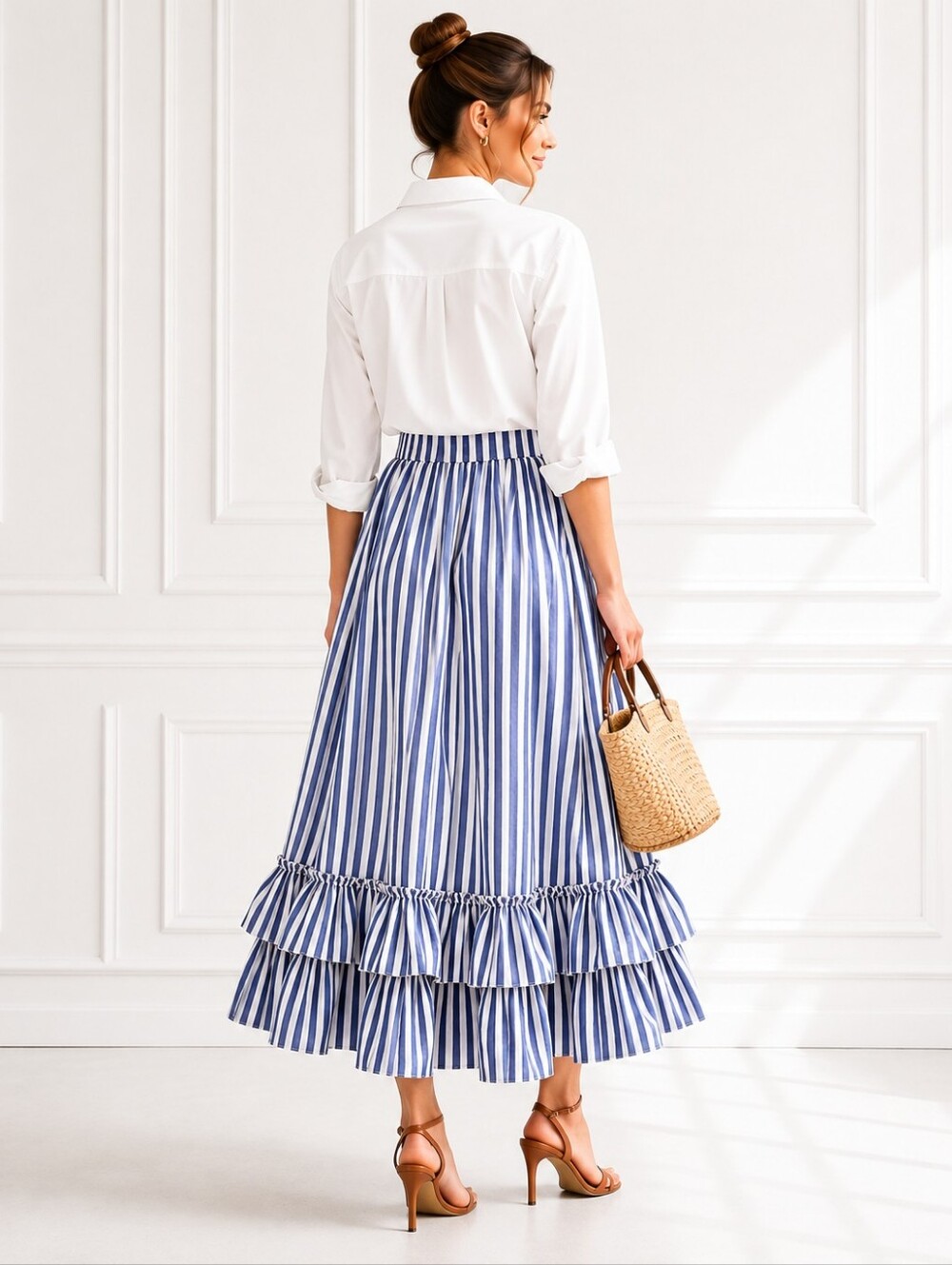 Belle Paque Blue White Striped Ruffle Maxi Skirt | Size S | - Picture 2 of 11